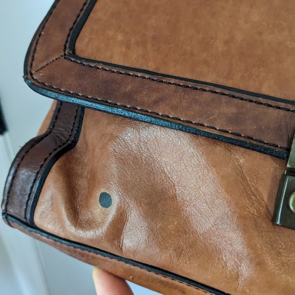 Fossil Two Tone Brown Leather Briefcase Messenger Tote Large Laptop Bag - Picture 4 of 8